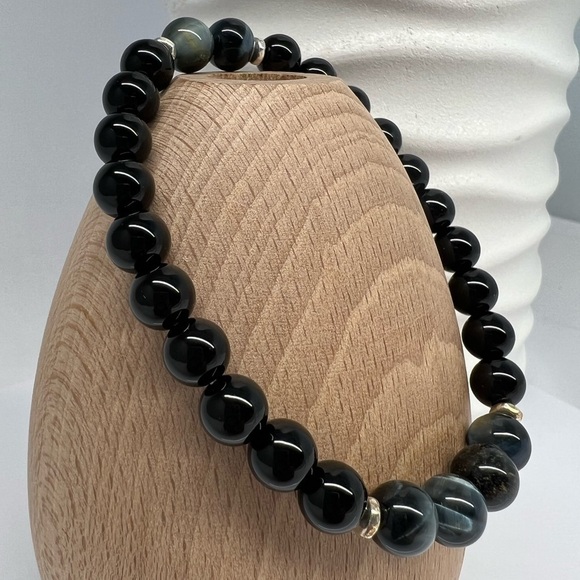 BLUE Tiger Eye & Onyx Beaded Bracelet - Picture 5 of 12